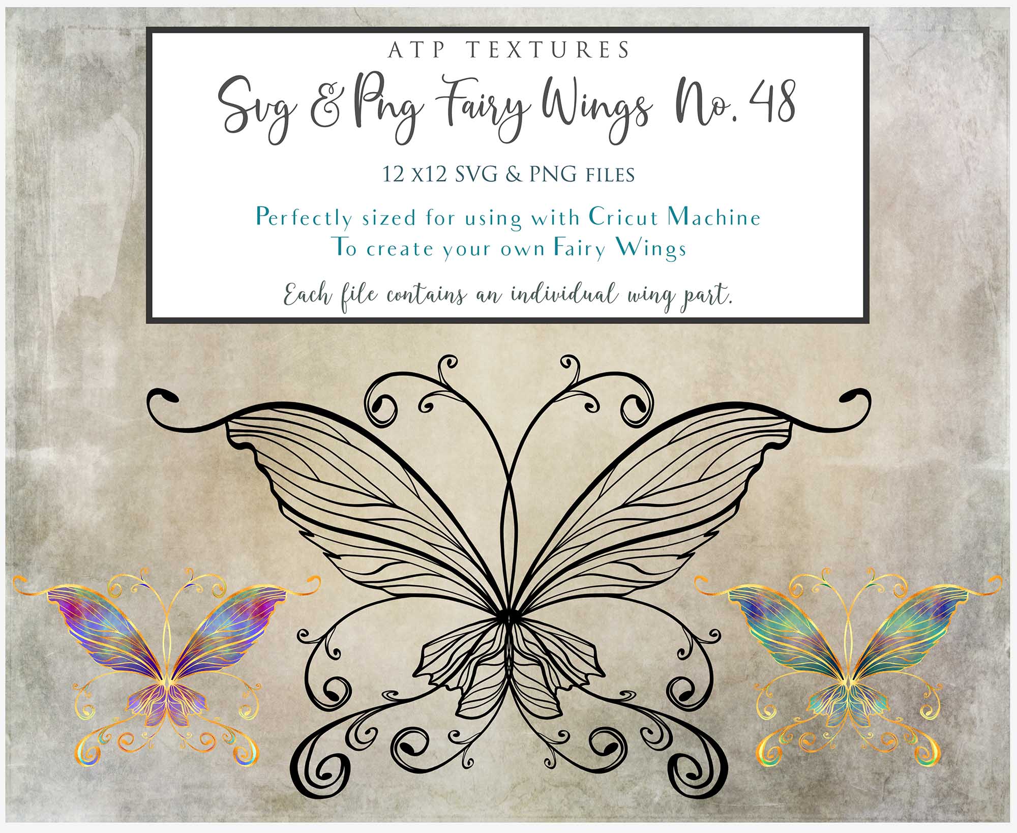 SVG & PNG Fairy Wing files for Cricut or Silhouette Cameo Cutting Machine. Create wearable fairy wings, in adult or children sizes.  Clipart design for Halloween Costumes, Fantasy or Cosplay or photography. Printable for weddings, engagement, baby shower invitations. Individual wing parts. Cut and assemble. Fairycore.